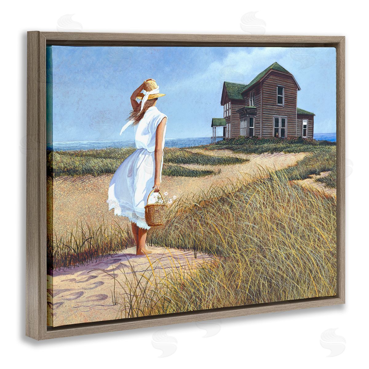 Tom Mielko Woman Standing Windswept Breeze Distant Beach House Brown Floating Frame Canvas Wall Art Print