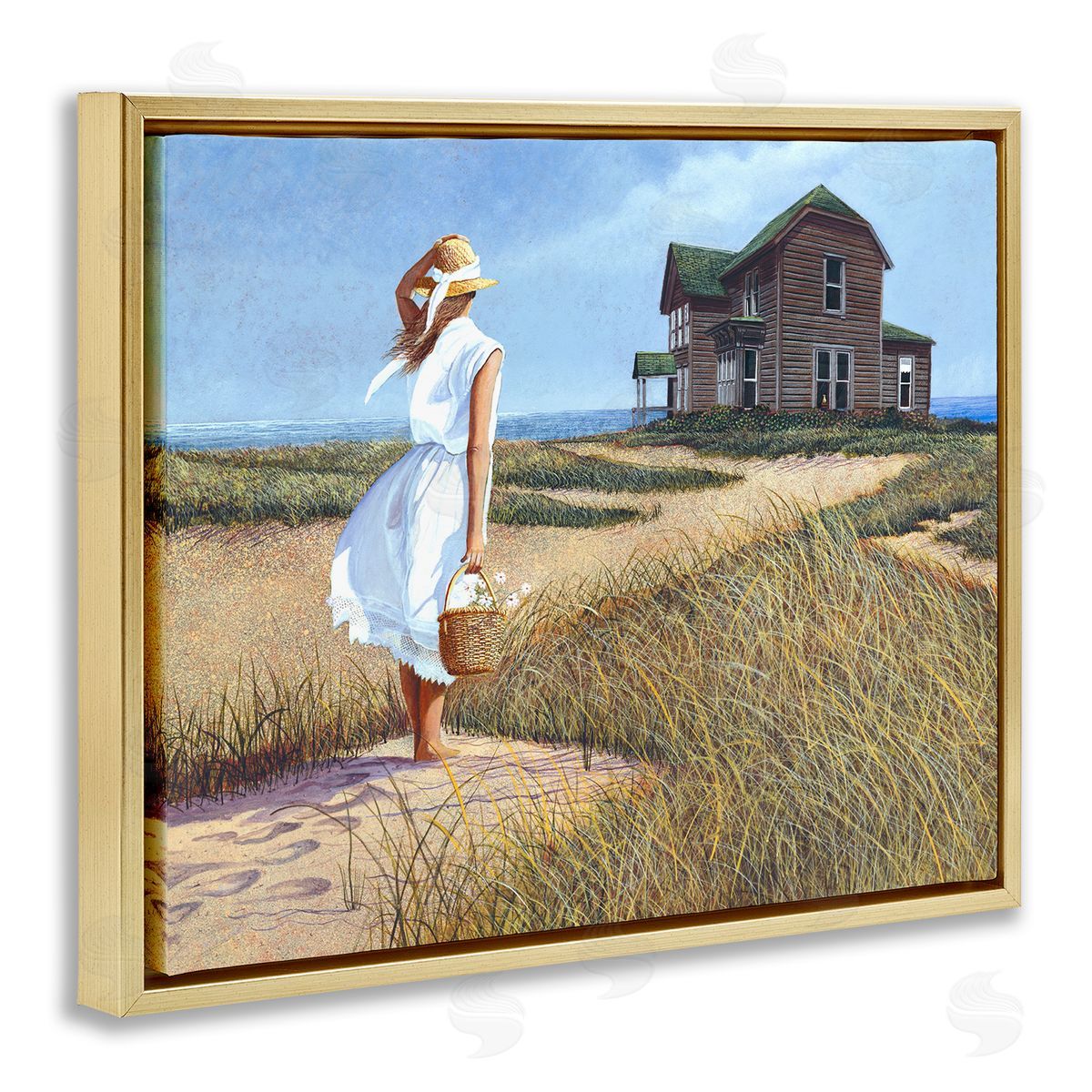 Tom Mielko Woman Standing Windswept Breeze Distant Beach House Gold Floating Frame Canvas Wall Art Print