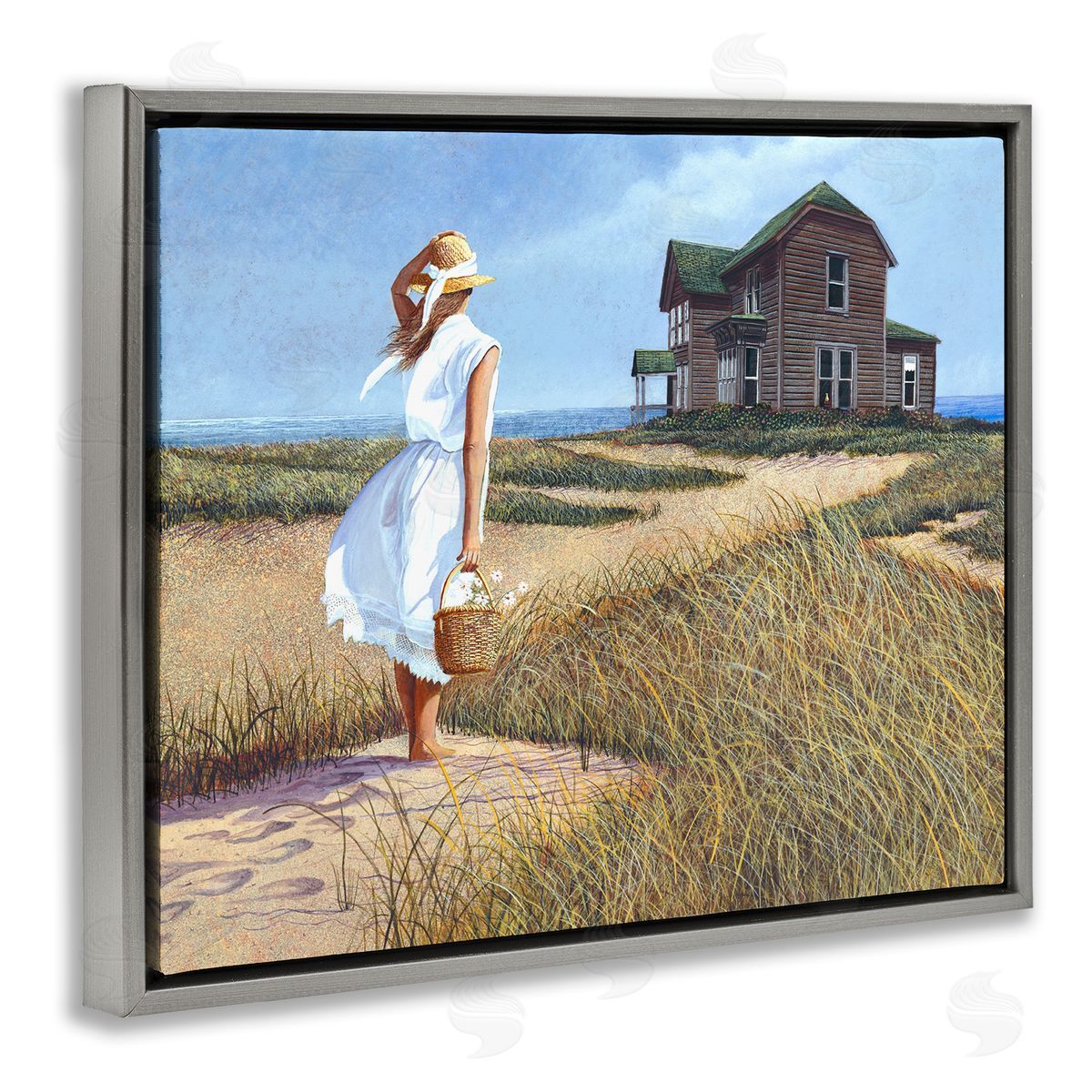 Tom Mielko Woman Standing Windswept Breeze Distant Beach House Gray Floating Frame Canvas Wall Art Print