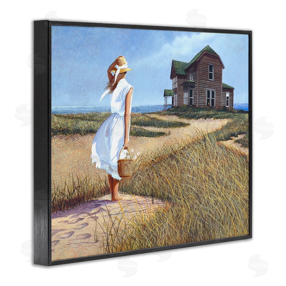 Tom Mielko Woman Standing Windswept Breeze Distant Beach House Black Framed Giclee Wall Art Print