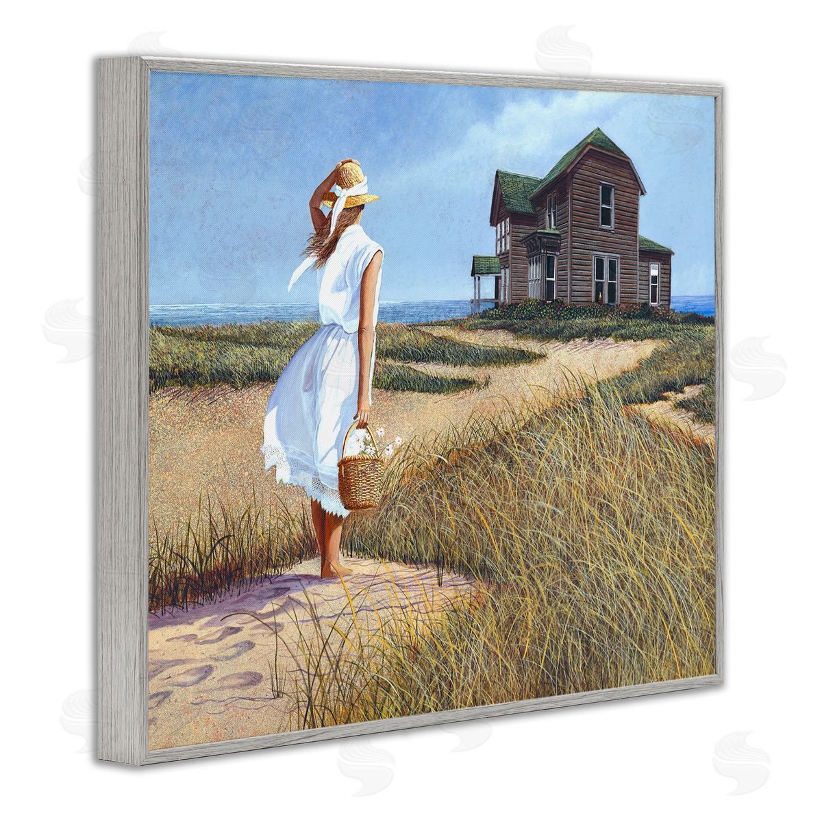 Tom Mielko Woman Standing Windswept Breeze Distant Beach House Gray Framed Giclee Wall Art Print