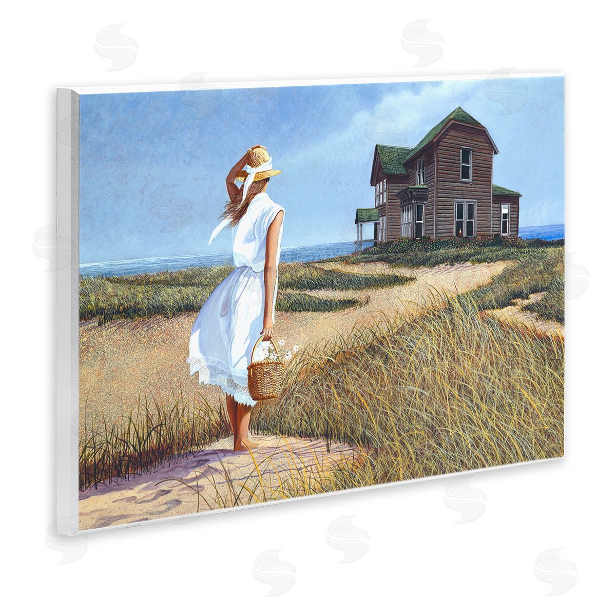 Tom Mielko Woman Standing Windswept Breeze Distant Beach House Wall Plaque Art Print
