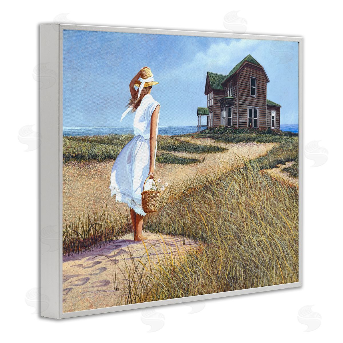 Tom Mielko Woman Standing Windswept Breeze Distant Beach House White Framed Giclee Wall Art Print