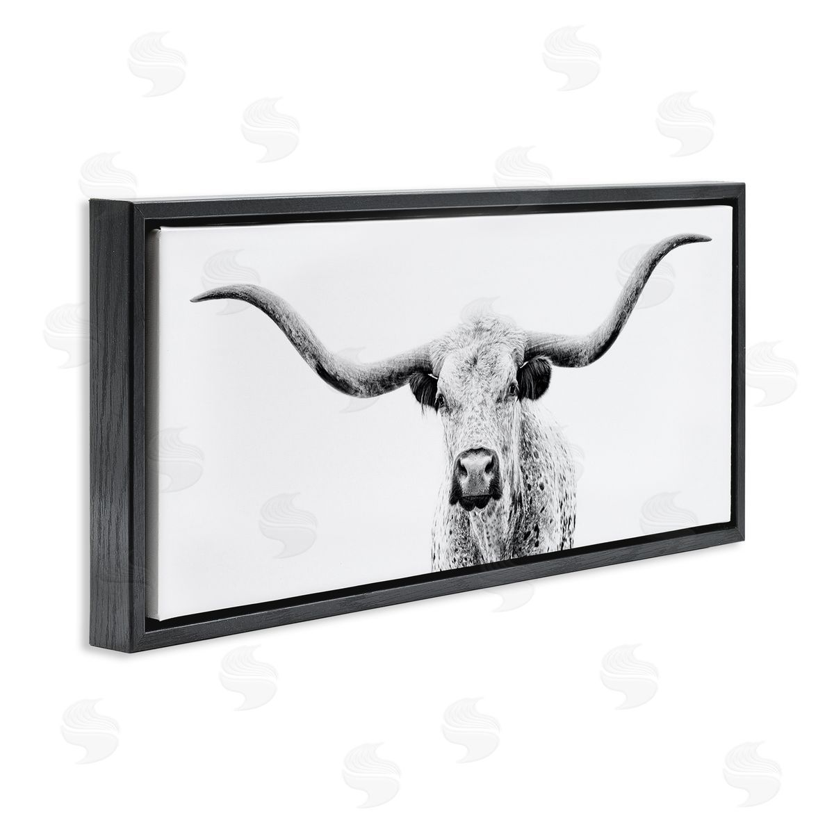 Modern Longhorn Cattle Gazing Black Floating Frame Canvas Wall Art, Home Decor by PHBurchett