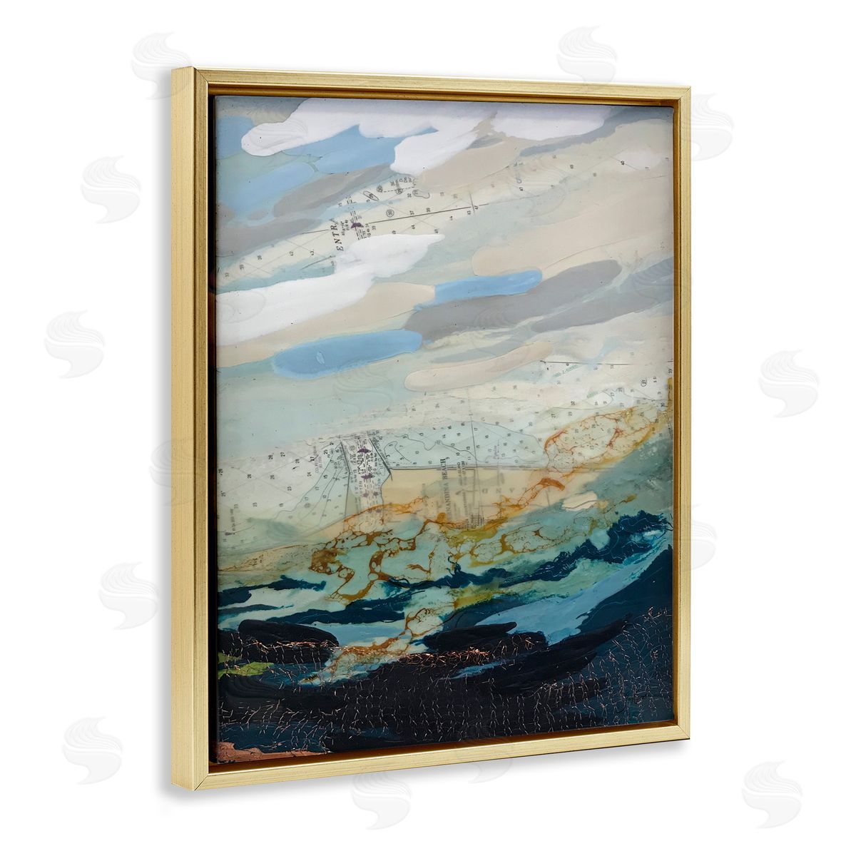 Stacy Gresell Nautical Landscape Abstract Ocean Layered Map  Gold Floating Frame Canvas Wall Art Print