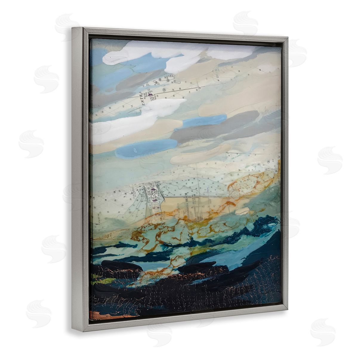 Stacy Gresell Nautical Landscape Abstract Ocean Layered Map  Gray Floating Frame Canvas Wall Art Print