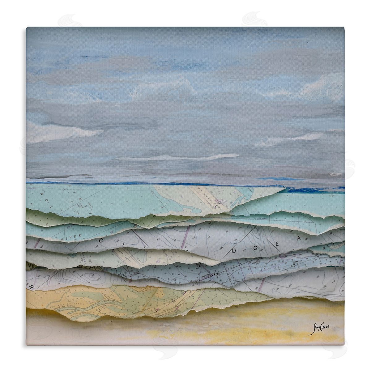 Stacy Gresell Layered Map Clippings Beach Shoreline Abstract Collage Stretched Canvas Wall Art Print