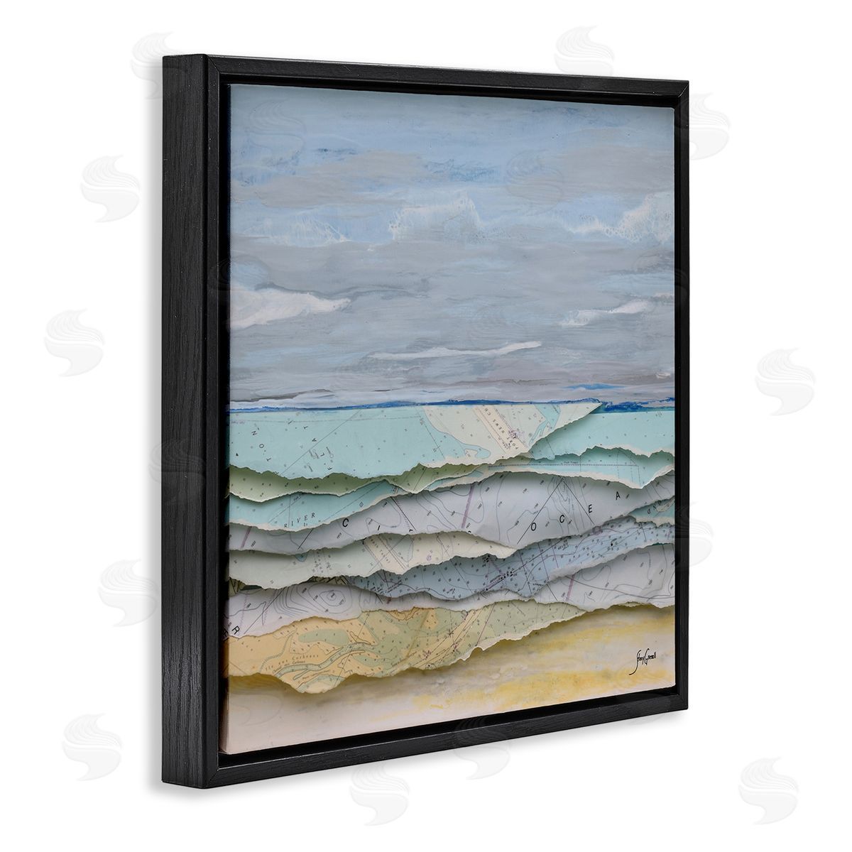 Stacy Gresell Layered Map Clippings Beach Shoreline Abstract Collage Black Floating Frame Canvas Wall Art Print
