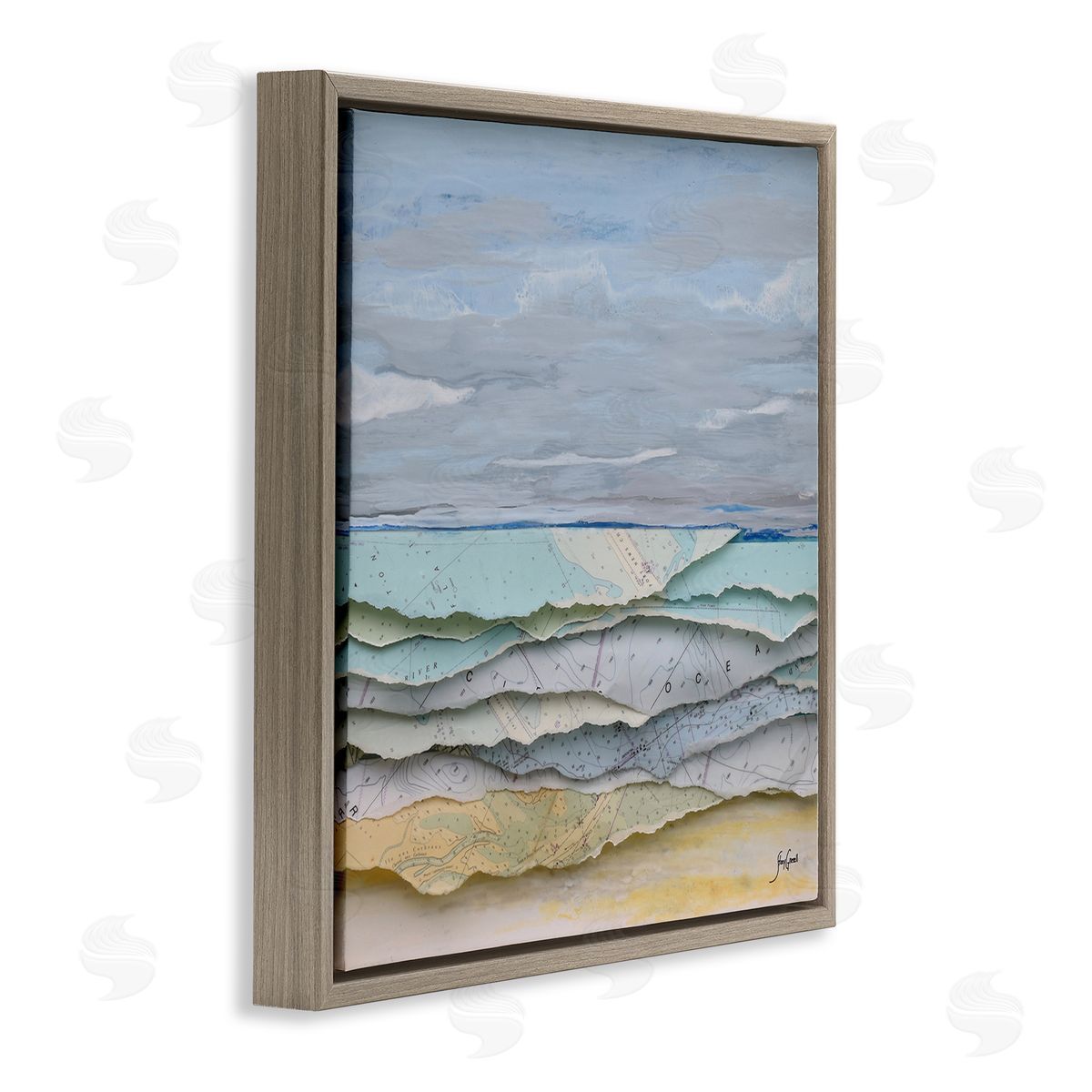 Stacy Gresell Layered Map Clippings Beach Shoreline Abstract Collage Brown Floating Frame Canvas Wall Art Print