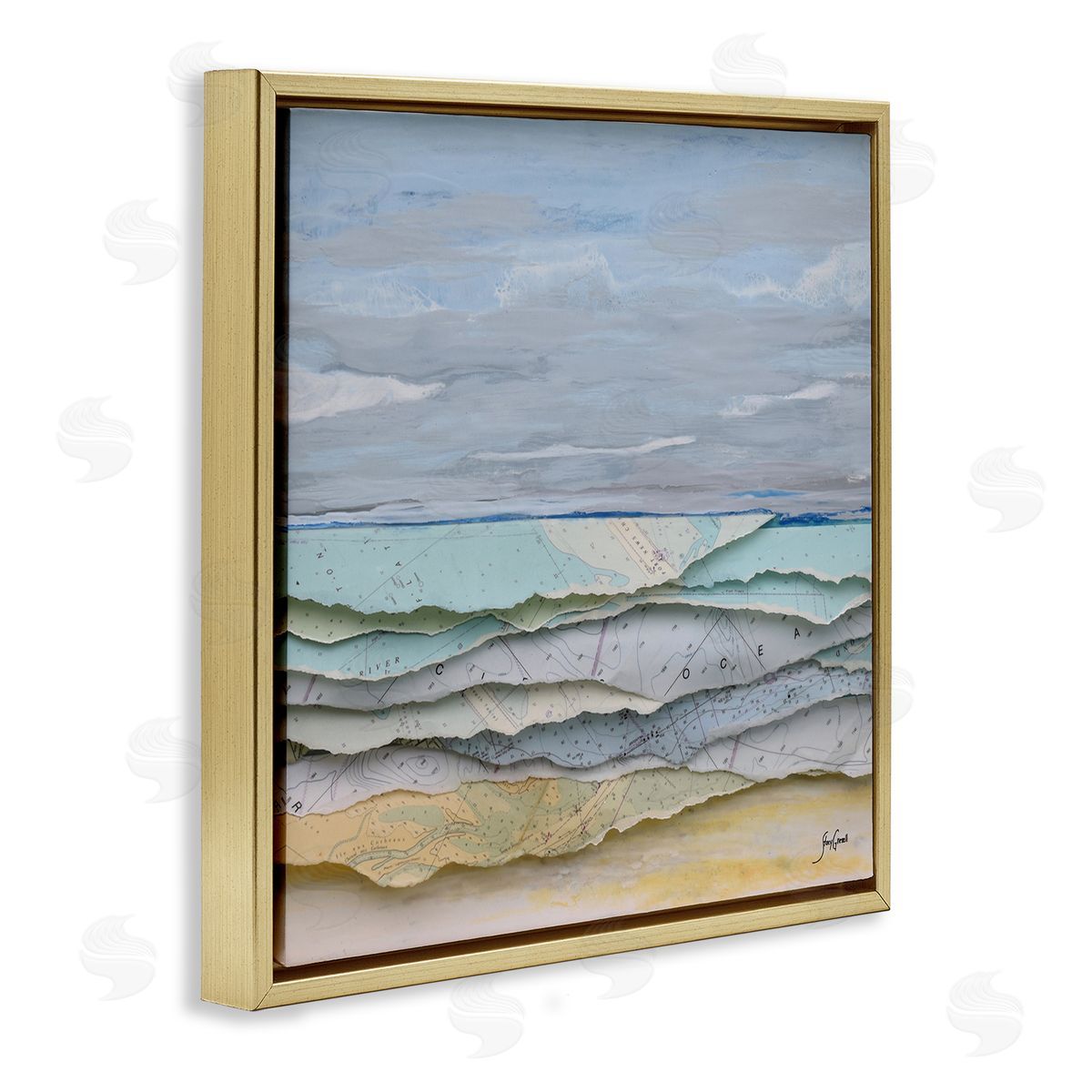 Stacy Gresell Layered Map Clippings Beach Shoreline Abstract Collage Gold Floating Frame Canvas Wall Art Print