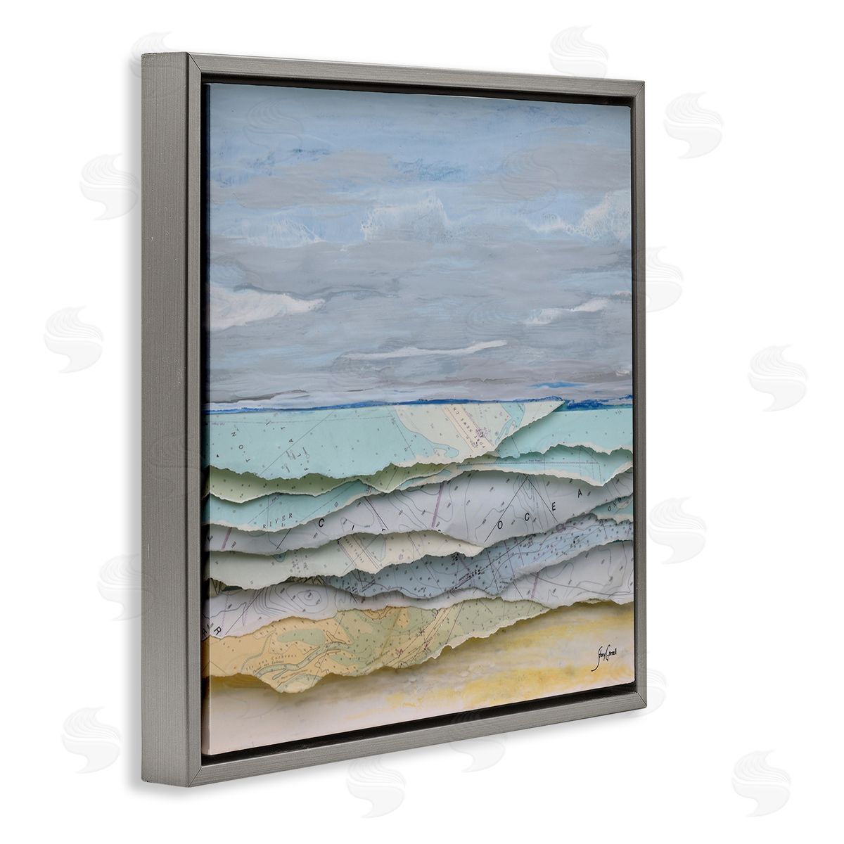 Stacy Gresell Layered Map Clippings Beach Shoreline Abstract Collage Gray Floating Frame Canvas Wall Art Print