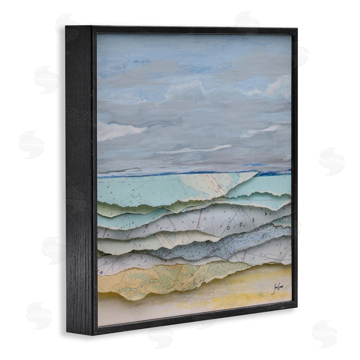 Stacy Gresell Layered Map Clippings Beach Shoreline Abstract Collage Black Framed Glicee Wall Art Print