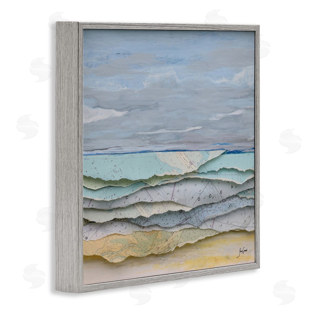 Stacy Gresell Layered Map Clippings Beach Shoreline Abstract Collage Gray Framed Glicee Wall Art Print