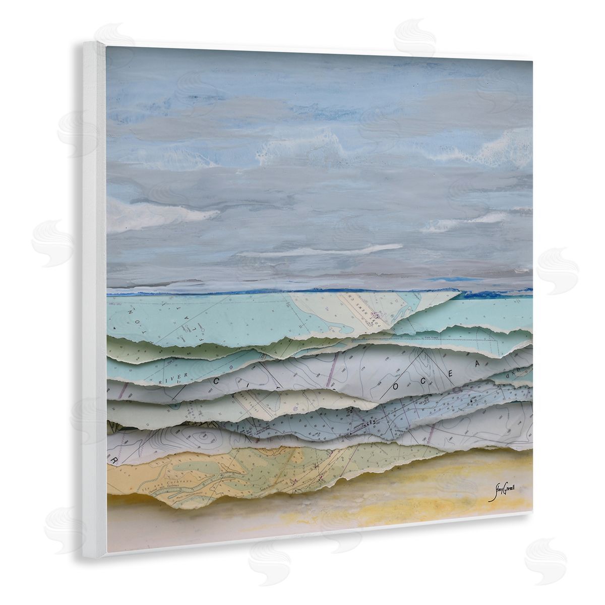 Stacy Gresell Layered Map Clippings Beach Shoreline Abstract Collage Wooden Wall Plaque Art Print