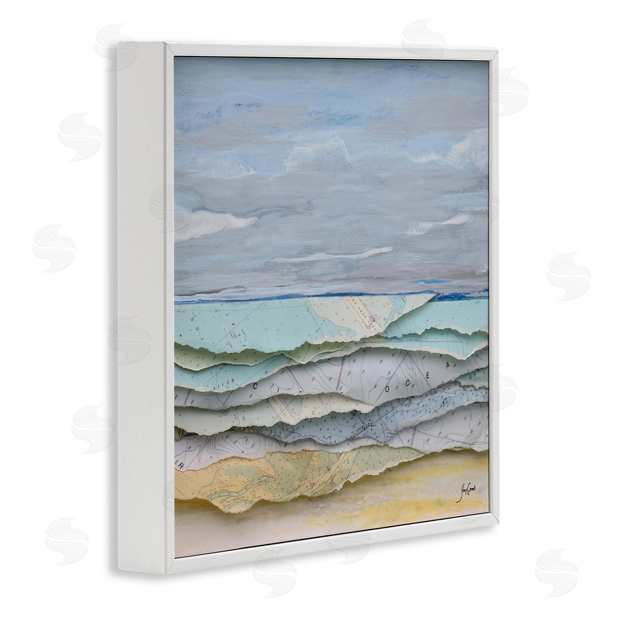 Stacy Gresell Layered Map Clippings Beach Shoreline Abstract Collage White Framed Glicee Wall Art Print
