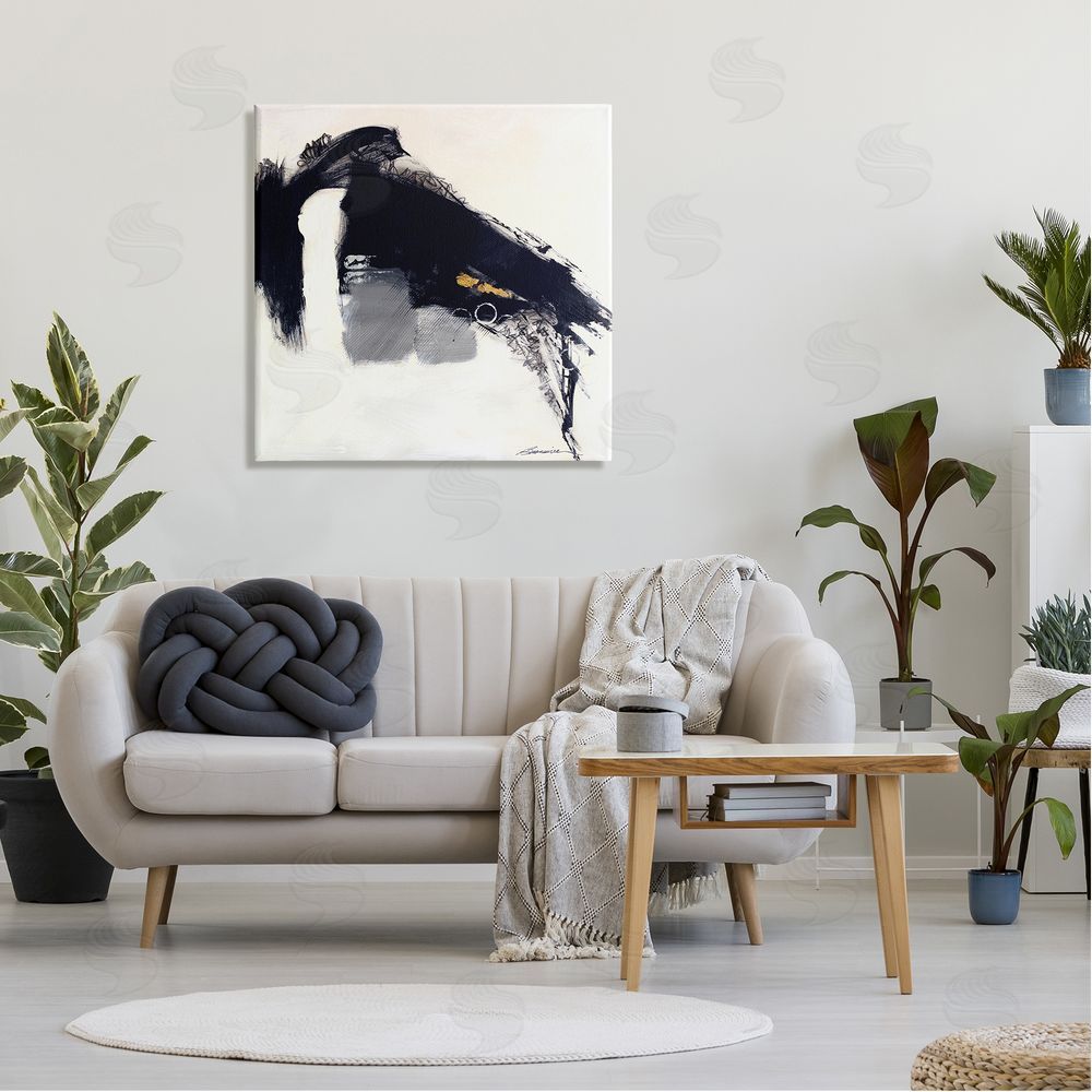 Beau Wild Black Abstract Scribble Lines Circle Shape Detail  Canvas Wall Art in Room