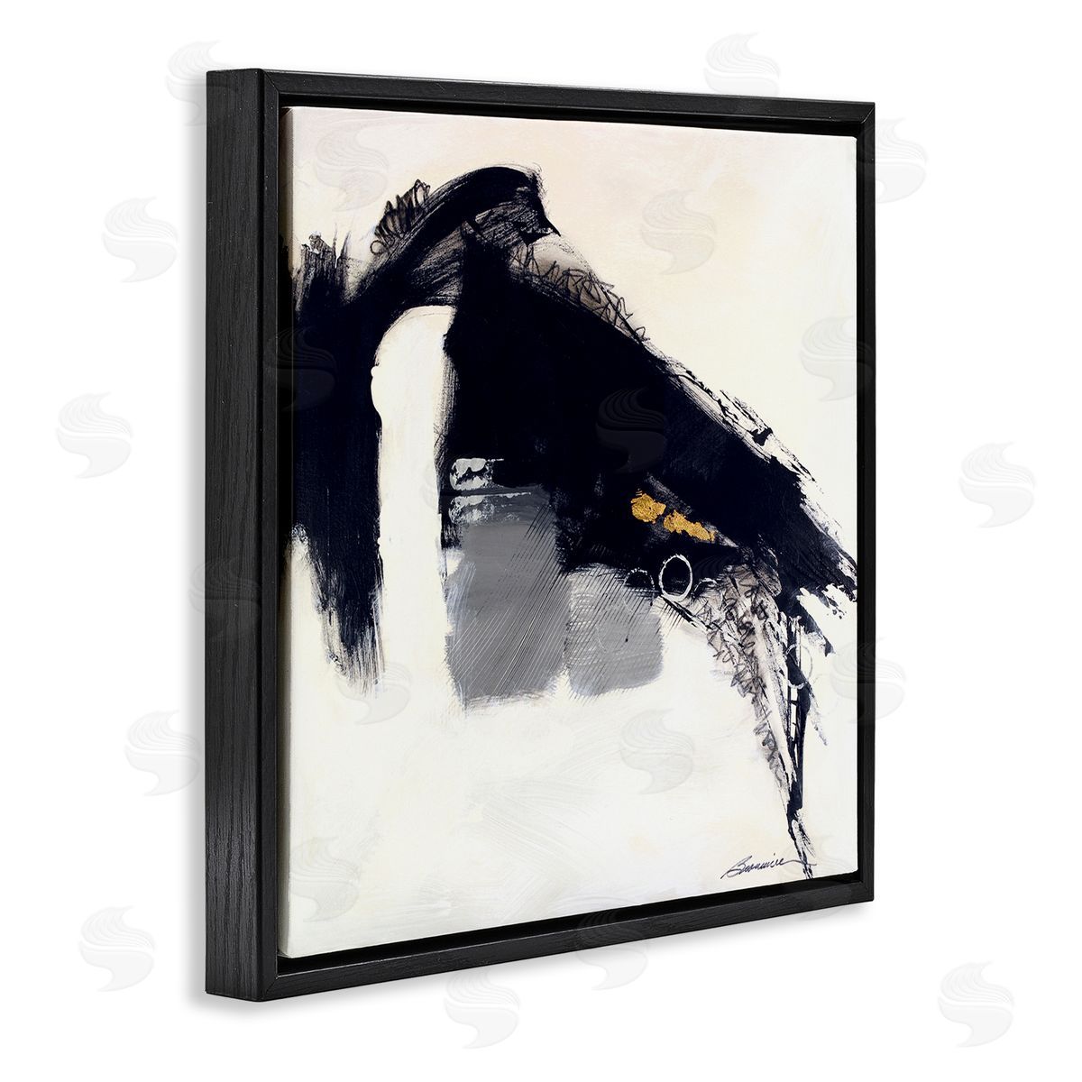 Beau Wild Black Abstract Scribble Lines Circle Shape Detail  Black Floating Frame Canvas Wall Art Print