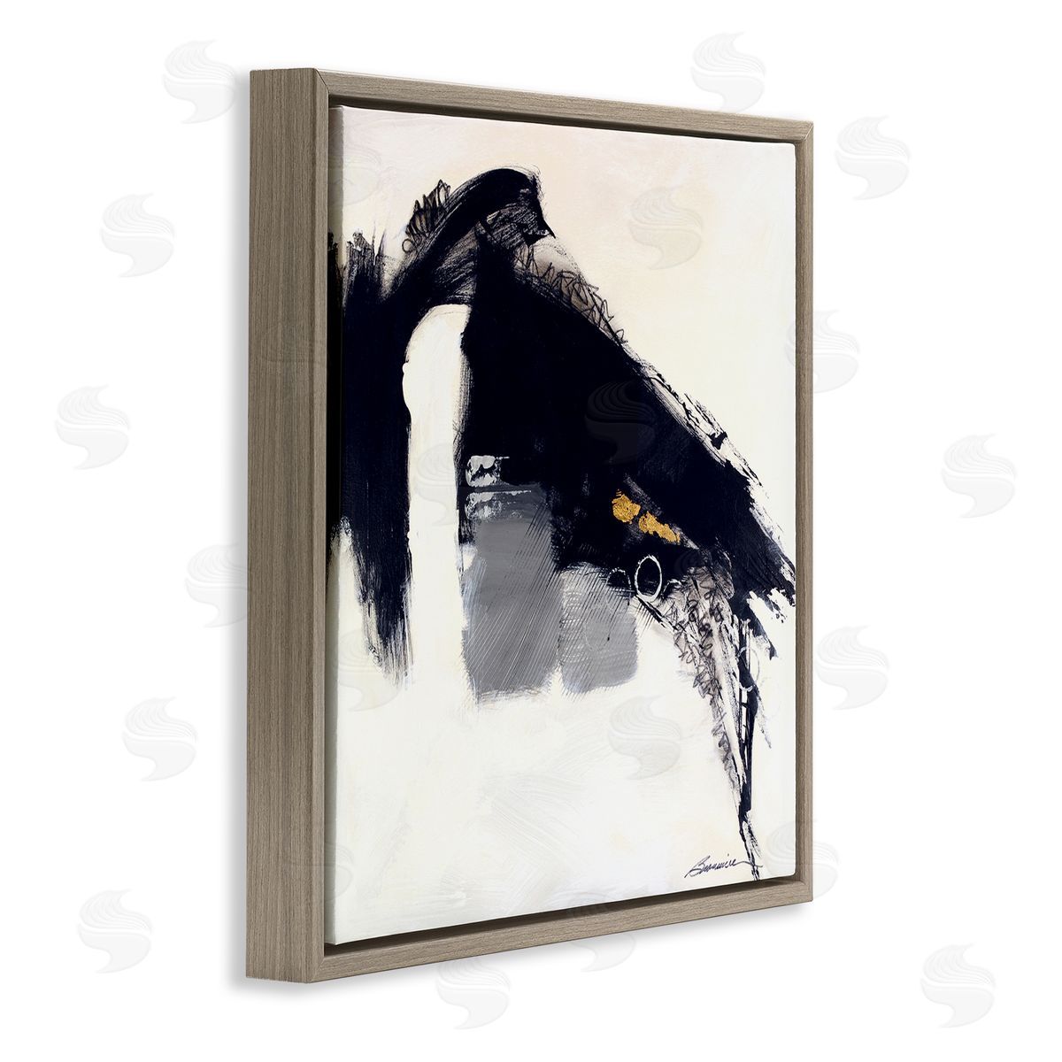Beau Wild Black Abstract Scribble Lines Circle Shape Detail  Brown Floating Frame Canvas Wall Art Print