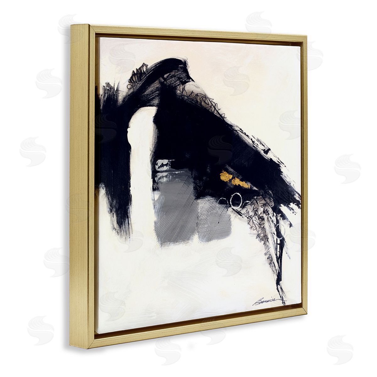 Beau Wild Black Abstract Scribble Lines Circle Shape Detail  Gold Floating Frame Canvas Wall Art Print