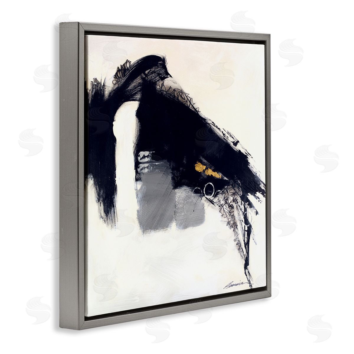 Beau Wild Black Abstract Scribble Lines Circle Shape Detail  Gray Floating Frame Canvas Wall Art Print