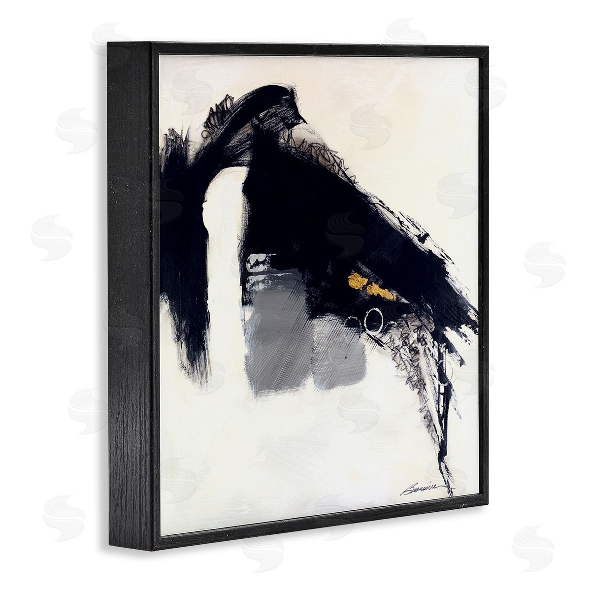 Beau Wild Black Abstract Scribble Lines Circle Shape Detail  Black Framed Glicee Wall Art Print