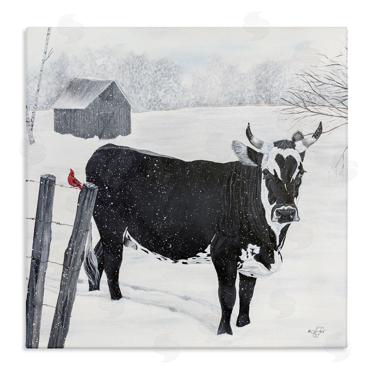 Diane Fifer Black Farm Cow Niveous Snow Covered Field Stretched Canvas Wall Art Print