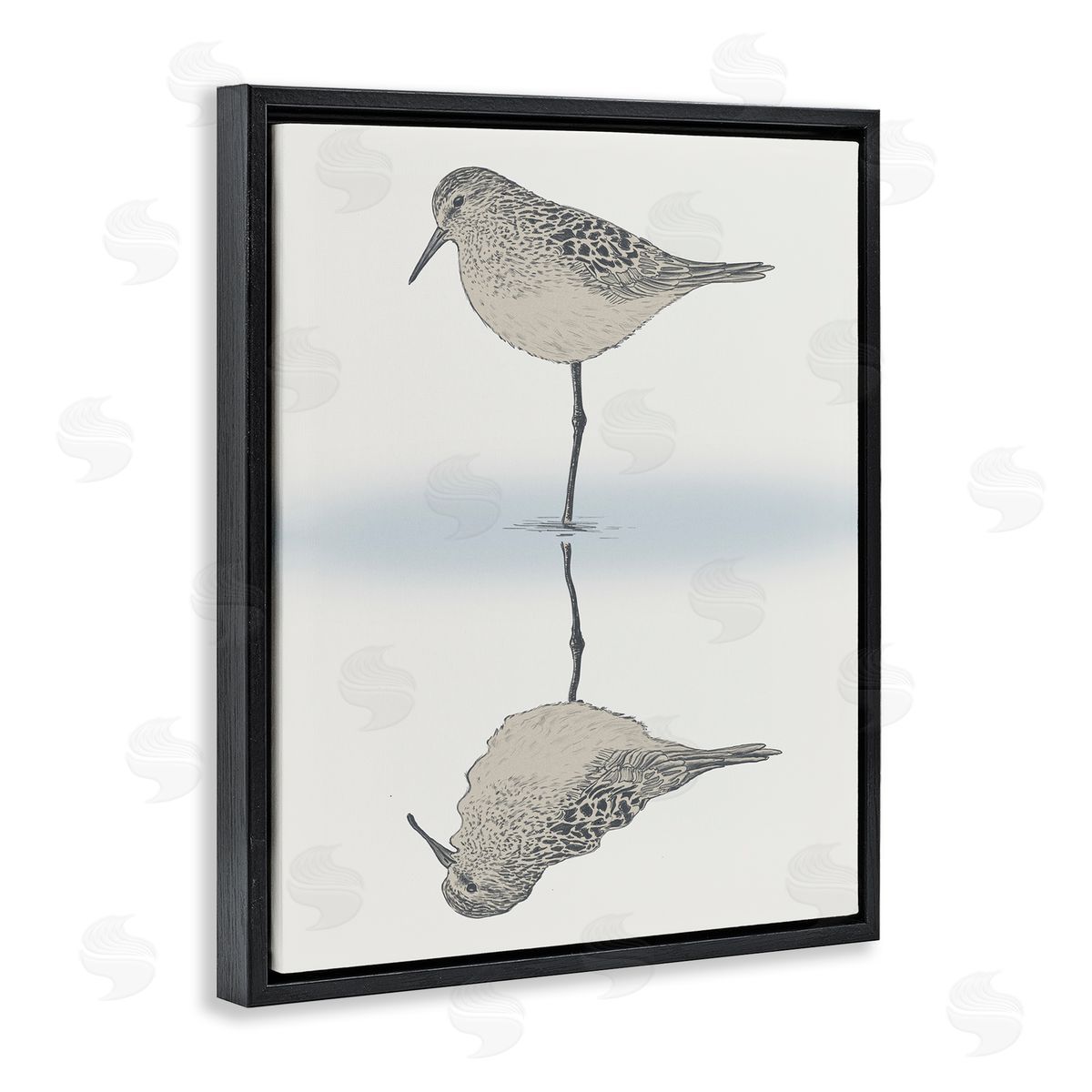 Tranquil Sandpiper Bird Reflection Black Floating Frame Canvas Wall Art, Home Decor by Ziwei Li