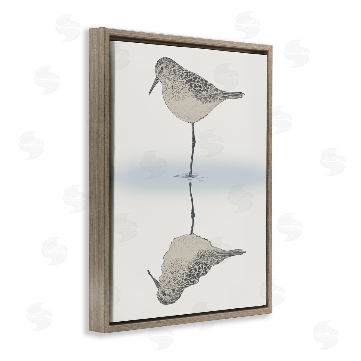 Tranquil Sandpiper Bird Reflection Brown Floating Frame Canvas Wall Art, Home Decor by Ziwei Li