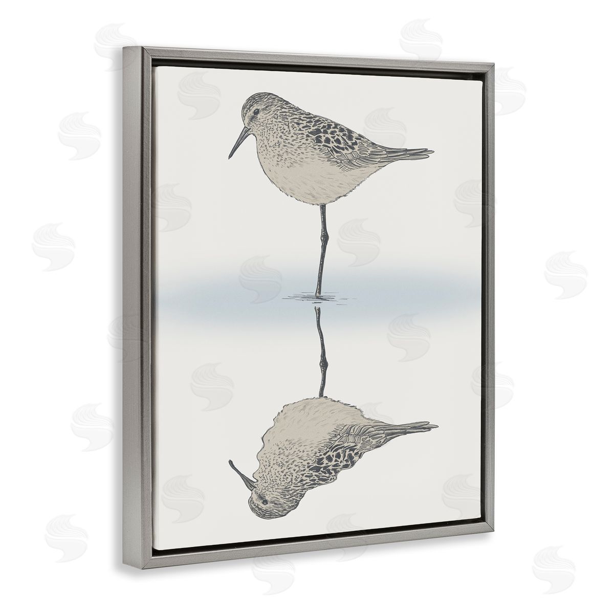 Tranquil Sandpiper Bird Reflection Grey Floating Frame Canvas Wall Art, Home Decor by Ziwei Li