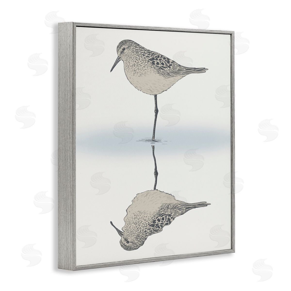 Tranquil Sandpiper Bird Reflection Grey Frame Print Wall Art, Home Decor by Ziwei Li