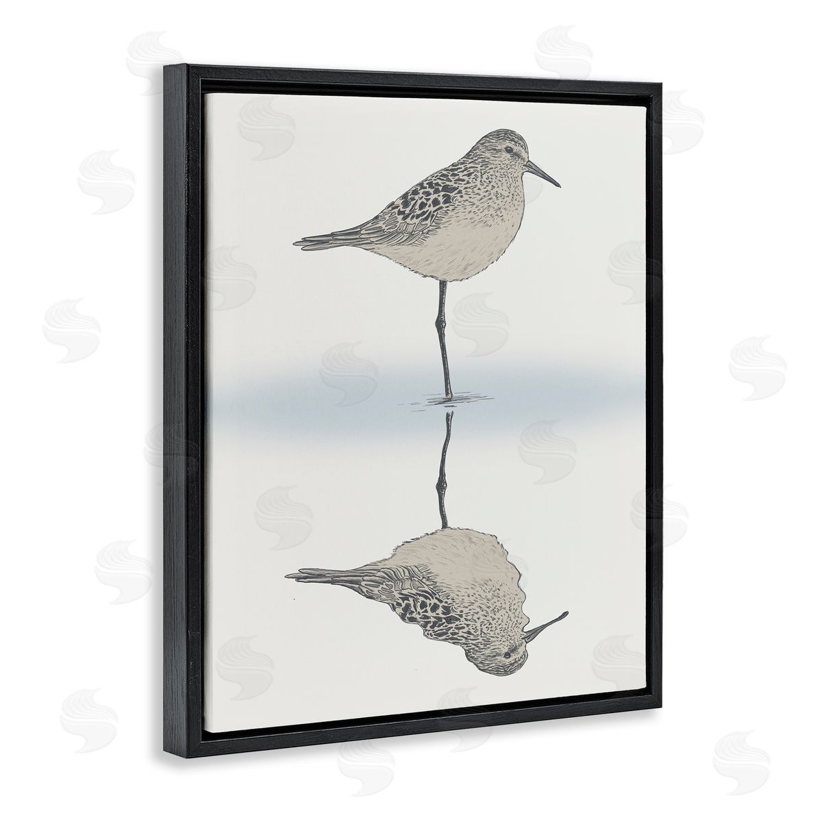 Ziwei Li Soothing Sandpiper Bird Standing Ocean Shoreline Reflection Black Floating Frame Canvas Wall Art Print