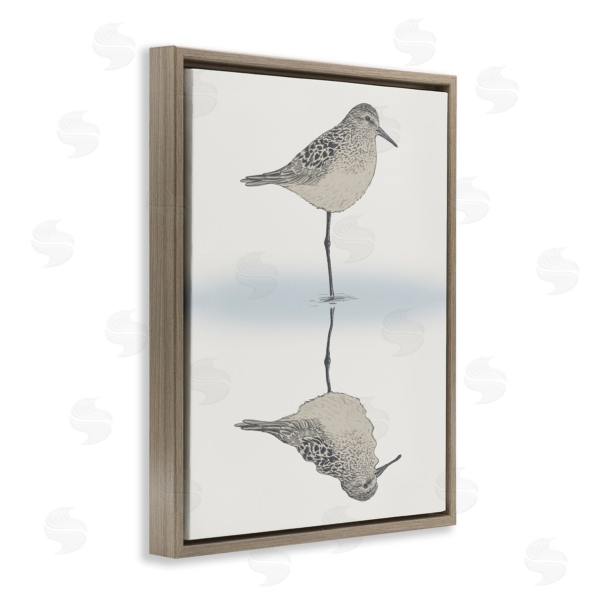 Ziwei Li Soothing Sandpiper Bird Standing Ocean Shoreline Reflection Brown Floating Frame Canvas Wall Art Print