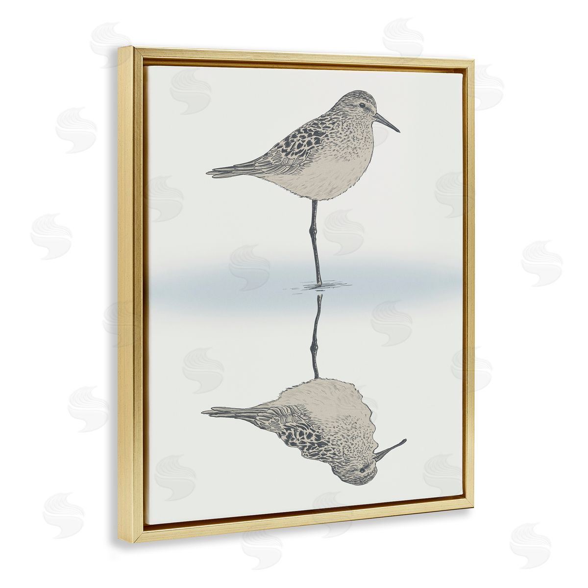 Ziwei Li Soothing Sandpiper Bird Standing Ocean Shoreline Reflection Gold Floating Frame Canvas Wall Art Print