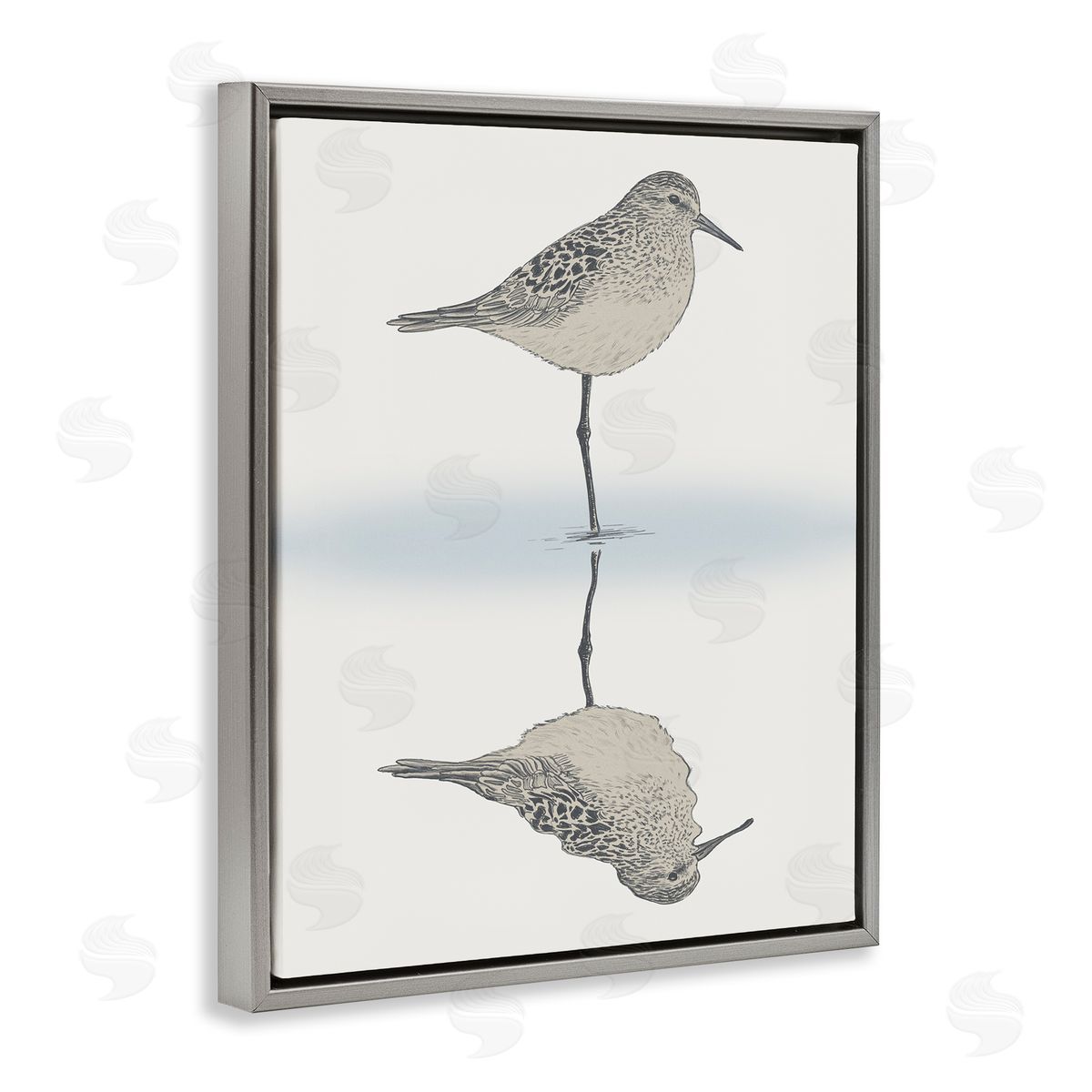 Ziwei Li Soothing Sandpiper Bird Standing Ocean Shoreline Reflection Gray Floating Frame Canvas Wall Art Print