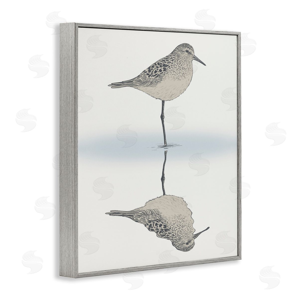 Ziwei Li Soothing Sandpiper Bird Standing Ocean Shoreline Reflection Gray Framed Giclee Wall Art Print