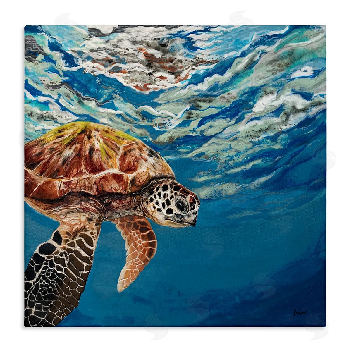Stacy Gresell Sea Turtle Swimming Distant Surface Ocean Water Waves Stretched Canvas Wall Art Print