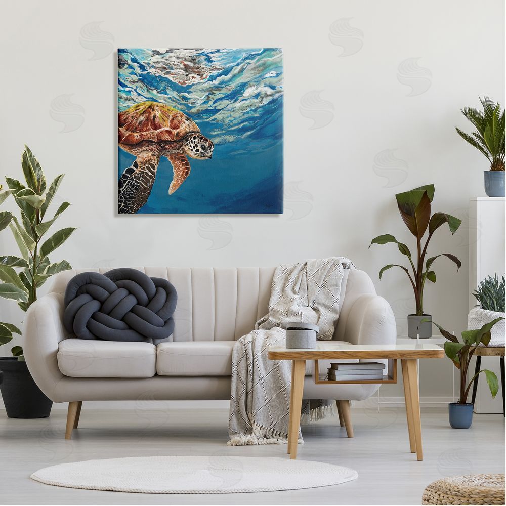 Stacy Gresell Sea Turtle Swimming Distant Surface Ocean Water Waves Canvas Wall Art in Room