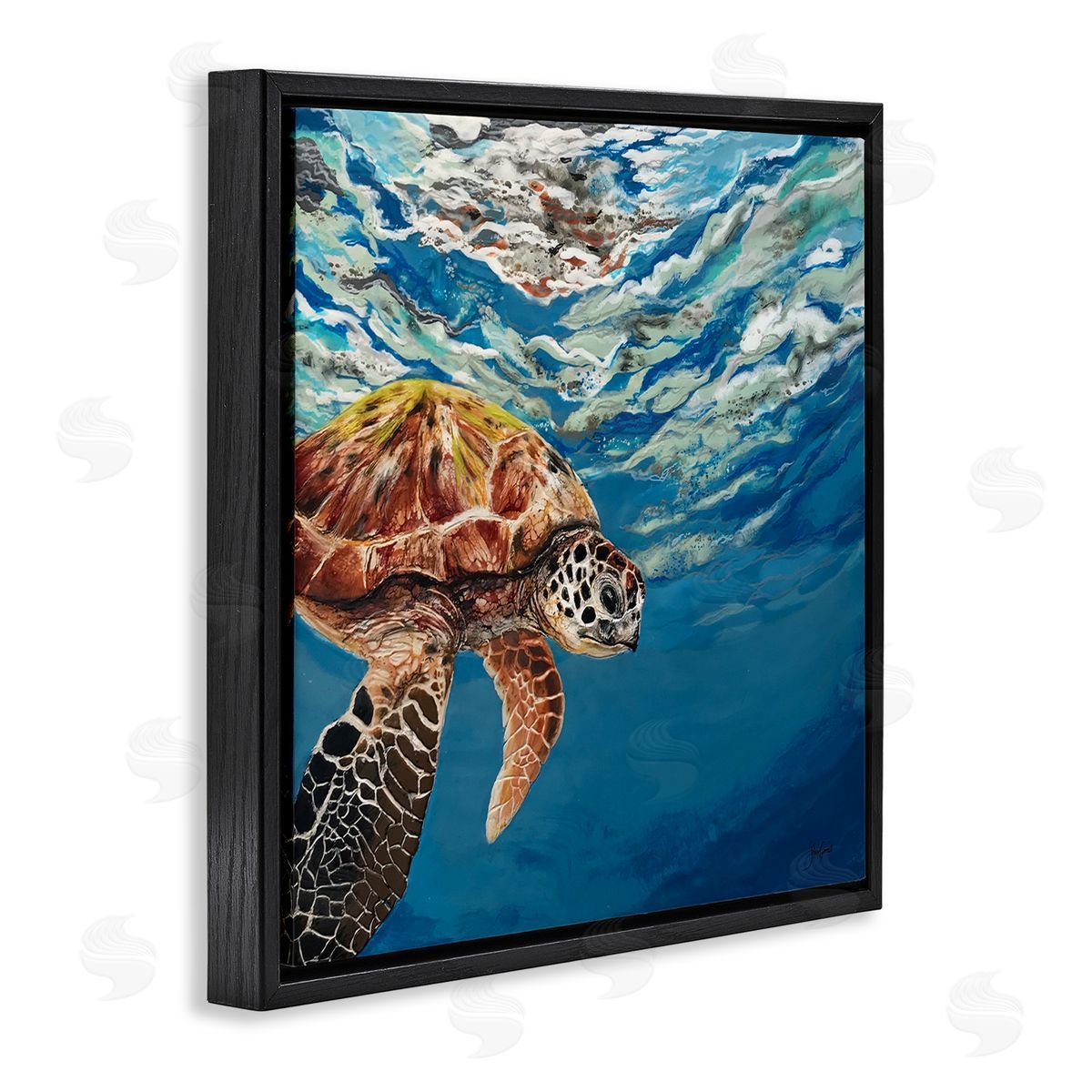 Stacy Gresell Sea Turtle Swimming Distant Surface Ocean Water Waves Black Floating Frame Canvas Wall Art Print