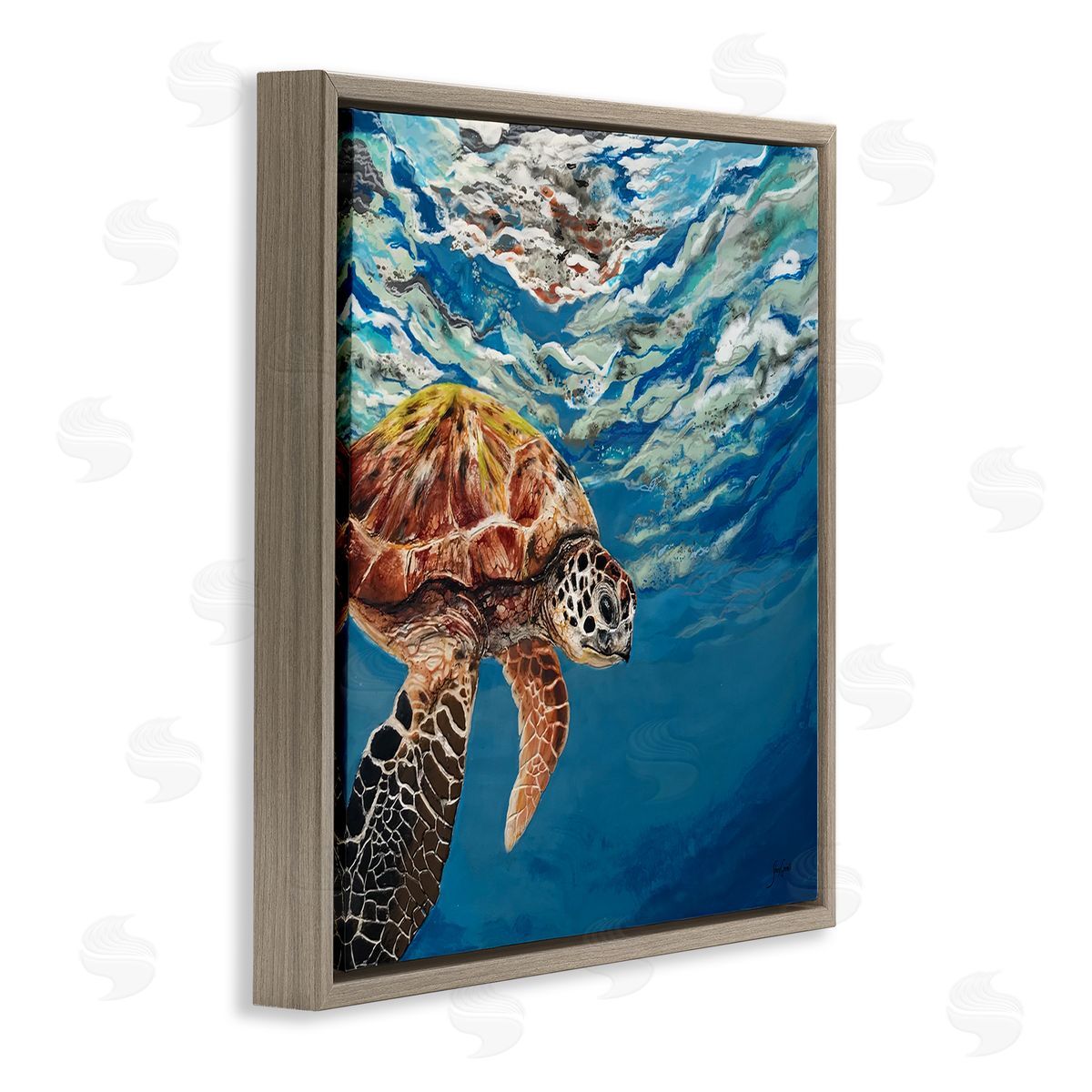 Stacy Gresell Sea Turtle Swimming Distant Surface Ocean Water Waves Brown Floating Frame Canvas Wall Art Print