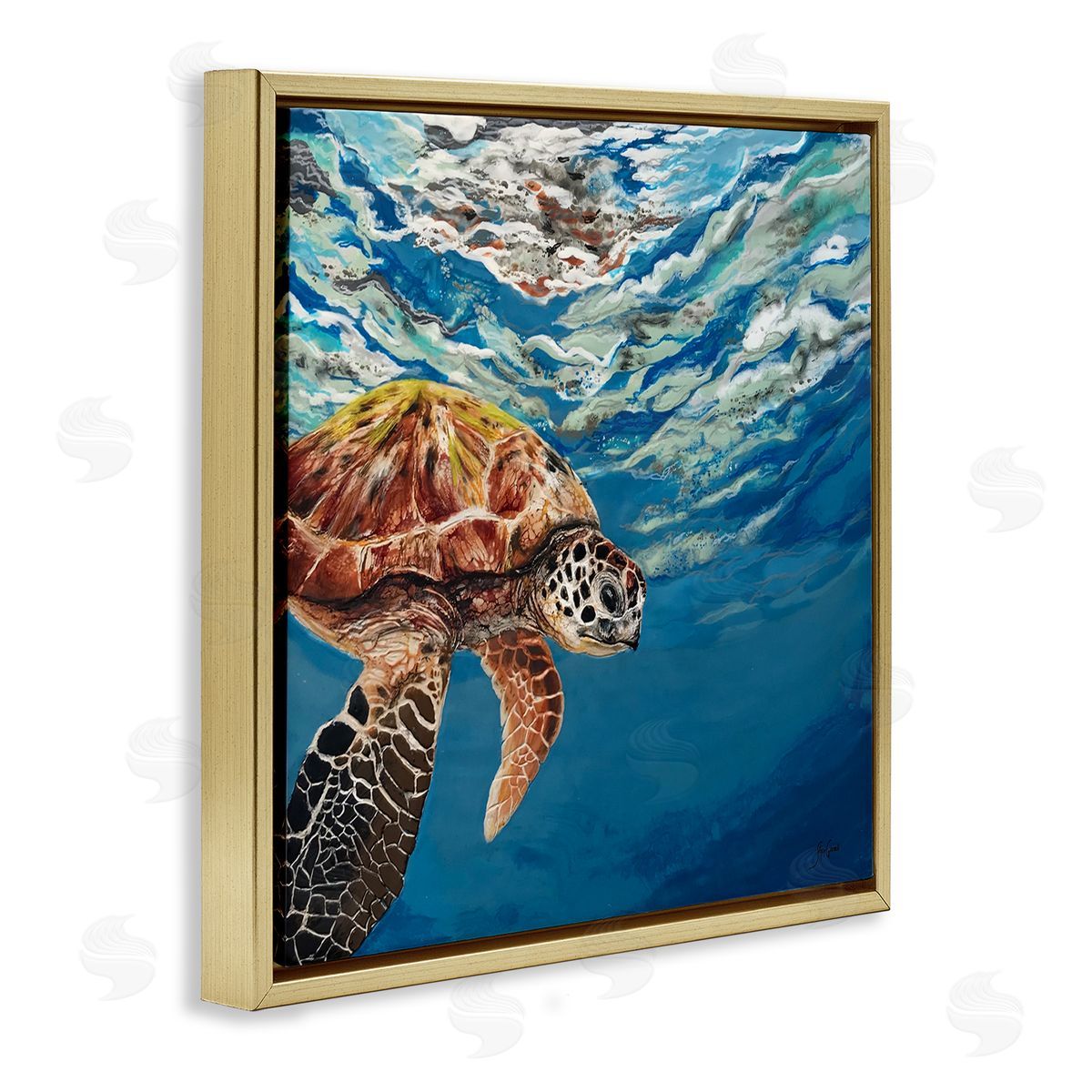 Stacy Gresell Sea Turtle Swimming Distant Surface Ocean Water Waves Gold Floating Frame Canvas Wall Art Print