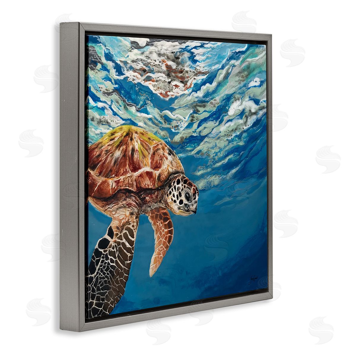 Stacy Gresell Sea Turtle Swimming Distant Surface Ocean Water Waves Gray Floating Frame Canvas Wall Art Print