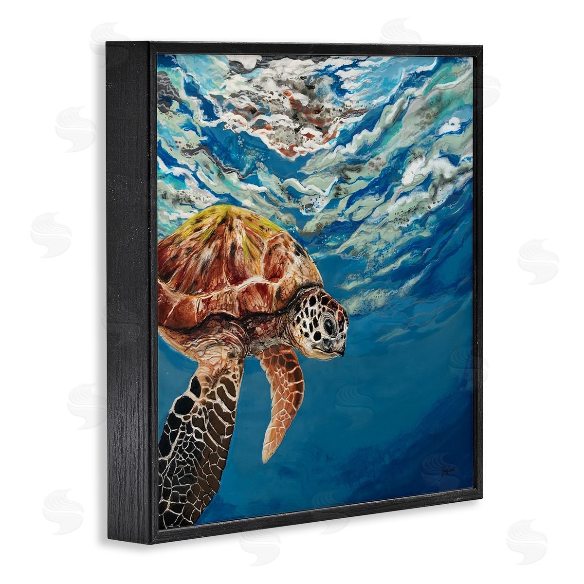 Stacy Gresell Sea Turtle Swimming Distant Surface Ocean Water Waves Black Framed Glicee Wall Art Print