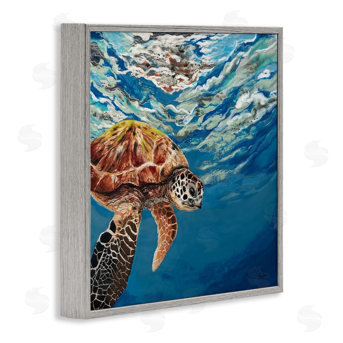 Stacy Gresell Sea Turtle Swimming Distant Surface Ocean Water Waves Gray Framed Glicee Wall Art Print