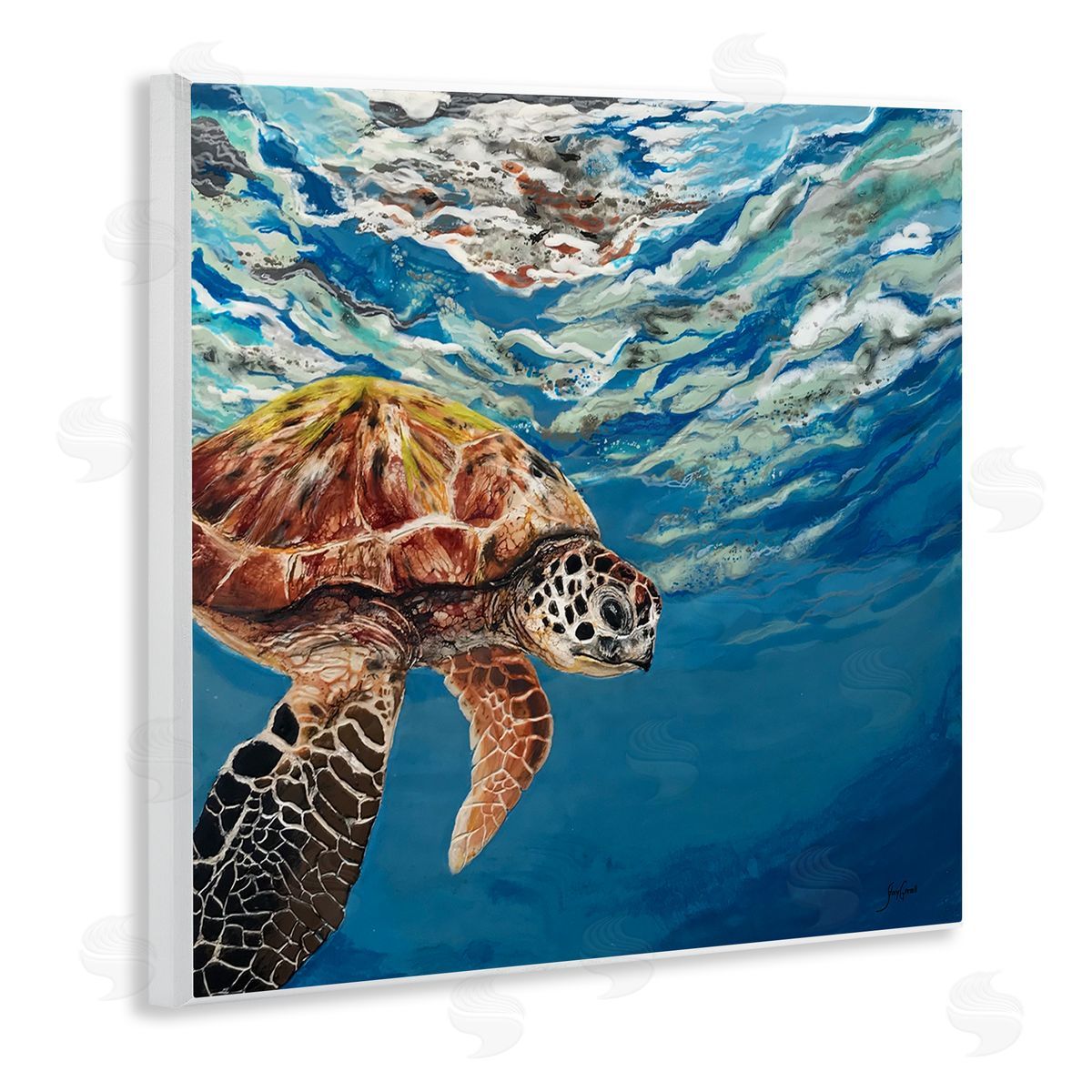 Stacy Gresell Sea Turtle Swimming Distant Surface Ocean Water Waves Wooden Wall Plaque Art Print