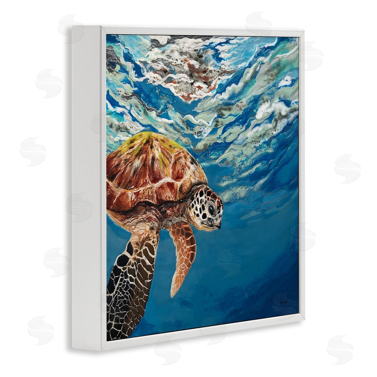 Stacy Gresell Sea Turtle Swimming Distant Surface Ocean Water Waves White Framed Glicee Wall Art Print