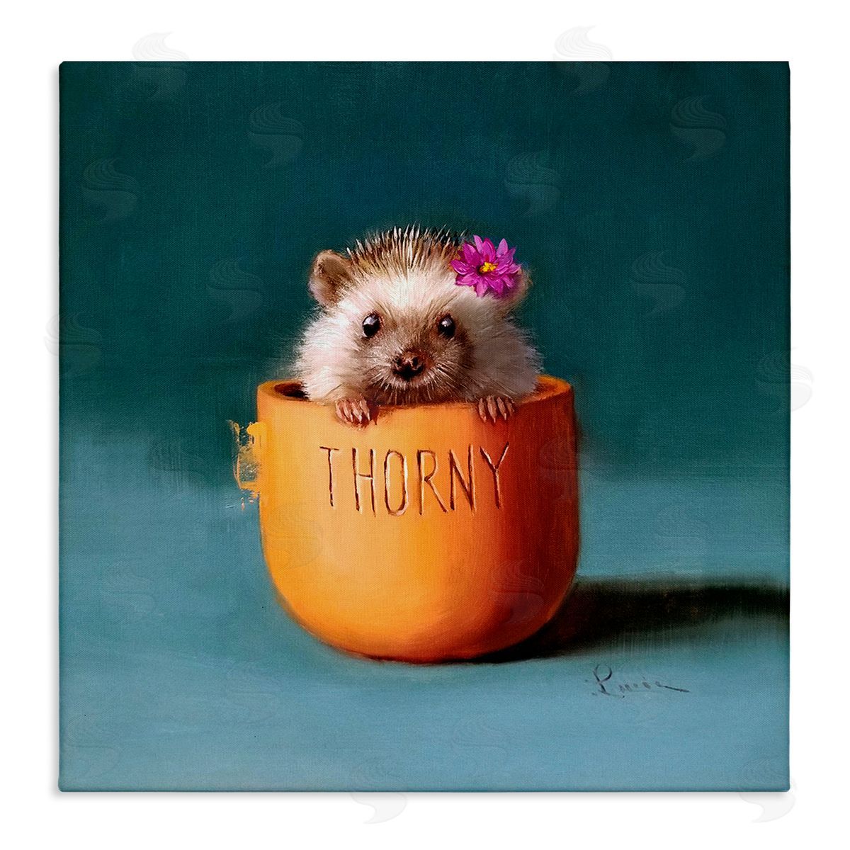 Lucia Heffernan Thorny Hedgehog Peeking Pink Daisy Flower Accent Stretched Canvas Wall Art Print