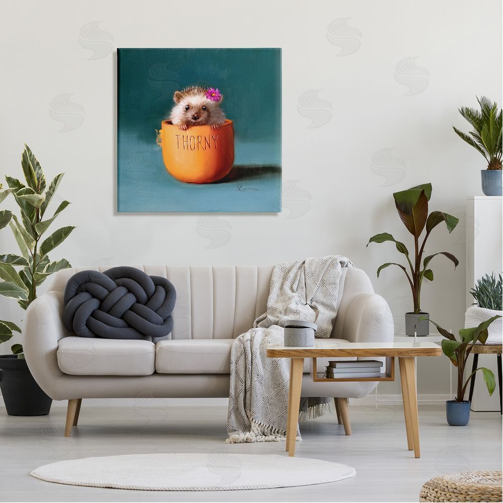 Lucia Heffernan Thorny Hedgehog Peeking Pink Daisy Flower Accent Canvas Wall Art in Room