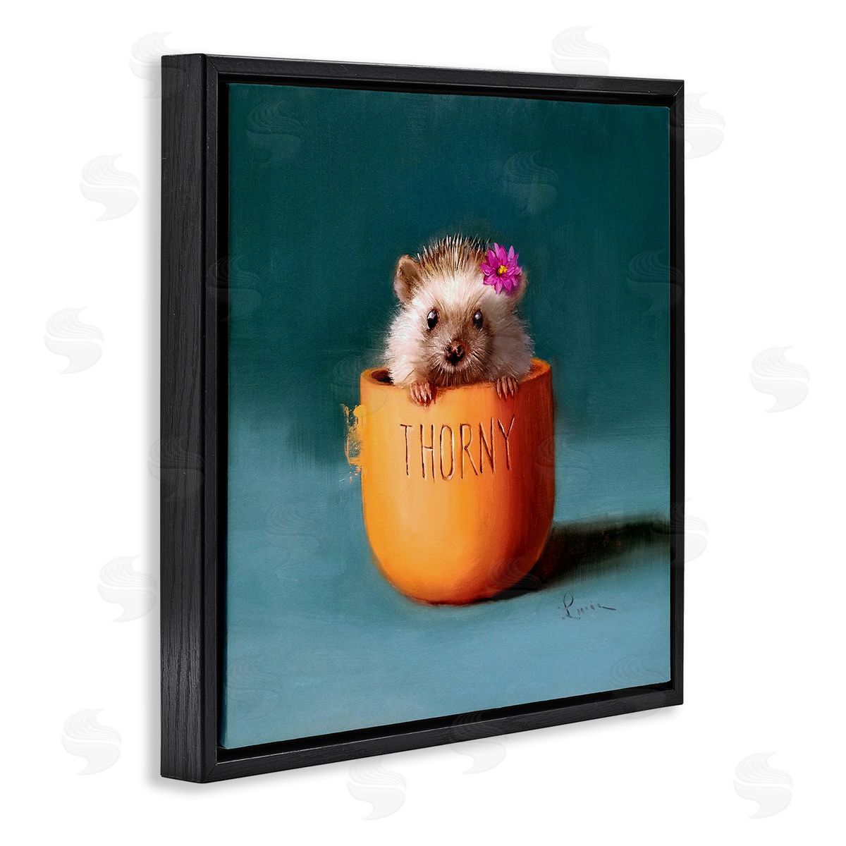 Lucia Heffernan Thorny Hedgehog Peeking Pink Daisy Flower Accent Black Floating Frame Canvas Wall Art Print