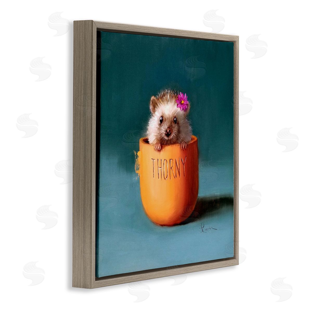 Lucia Heffernan Thorny Hedgehog Peeking Pink Daisy Flower Accent Brown Floating Frame Canvas Wall Art Print
