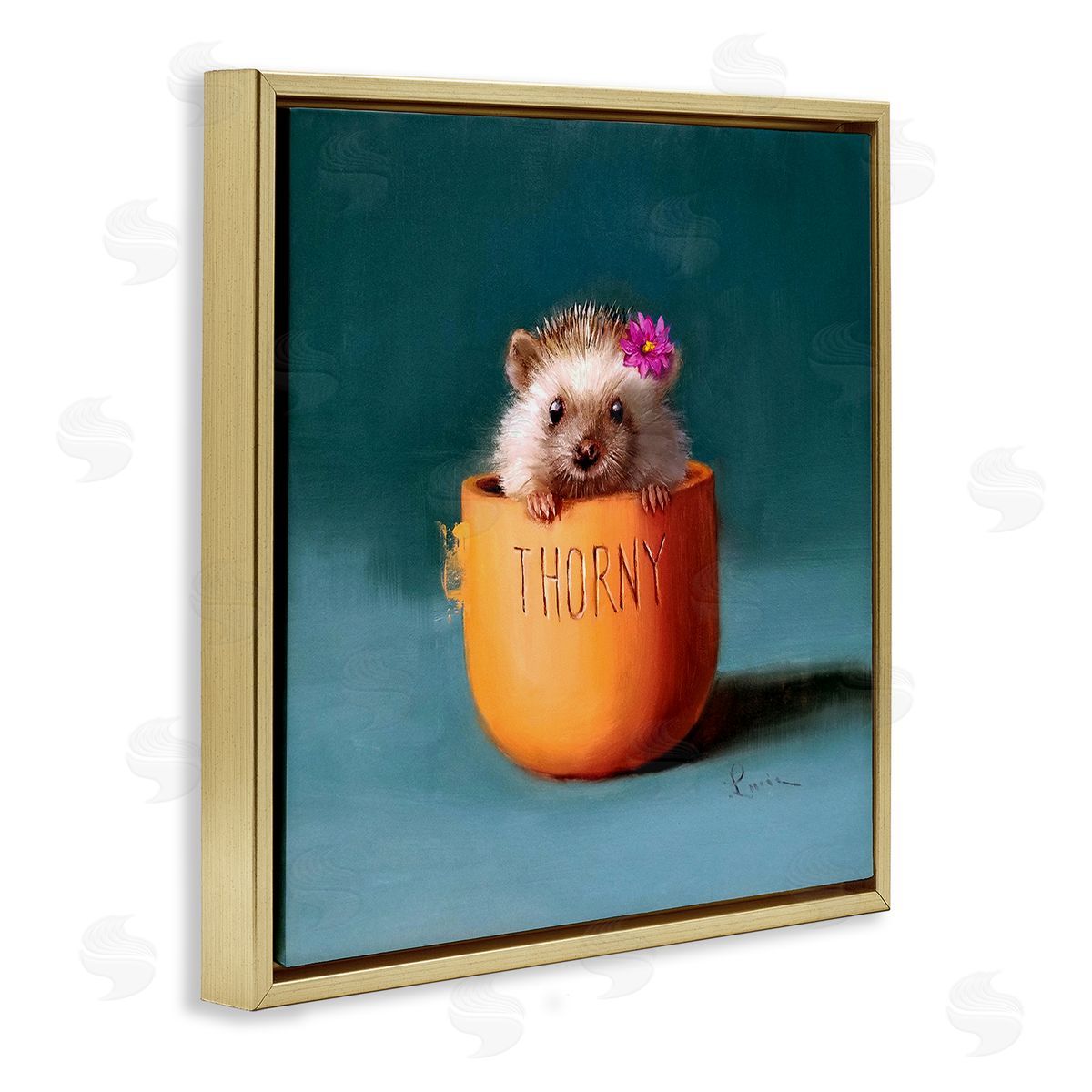 Lucia Heffernan Thorny Hedgehog Peeking Pink Daisy Flower Accent Gold Floating Frame Canvas Wall Art Print